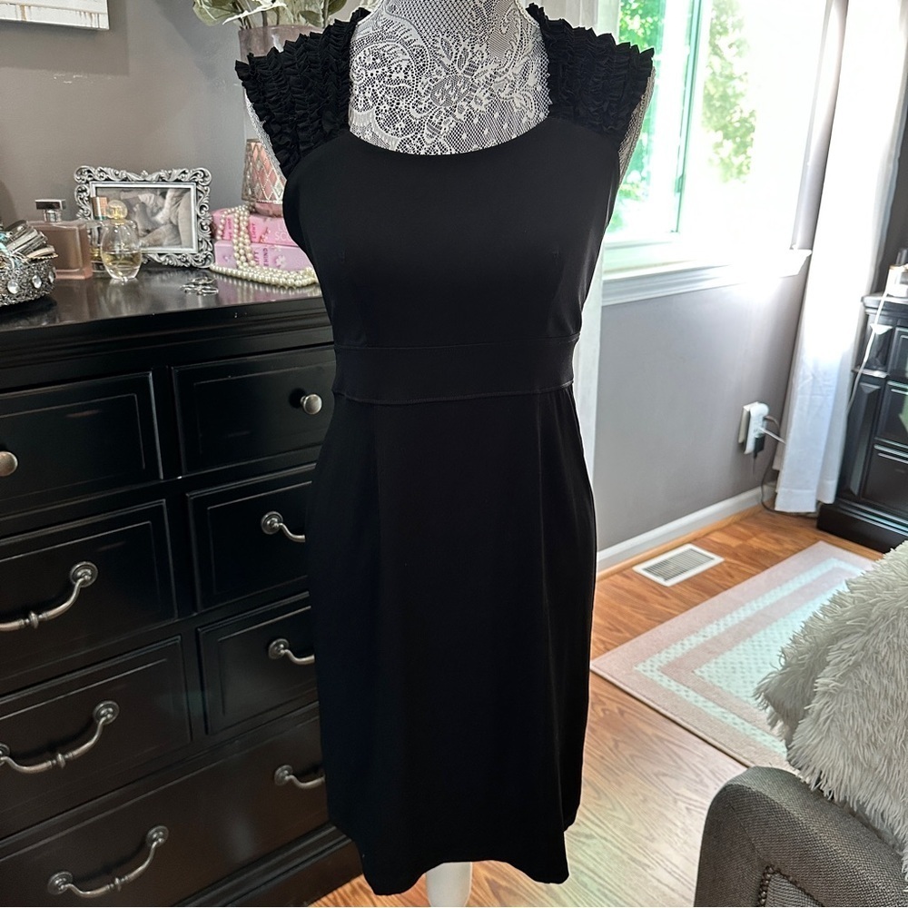 Saint Tropez West Black Ruffle Sleeve Sheath Size 8 Minimalist Quiet Luxury LBD - Picture 2 of 16